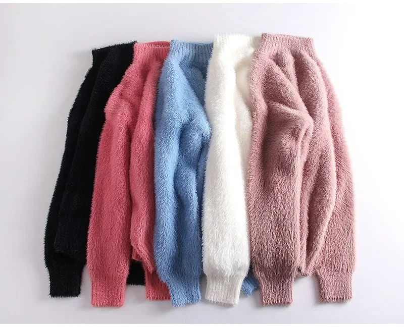 Winter Mink Faux Cashmere Thick Sweater Women Jumper White Pull Femme Loose Pullover Knitted Fluffy Sweaters For Women Winter