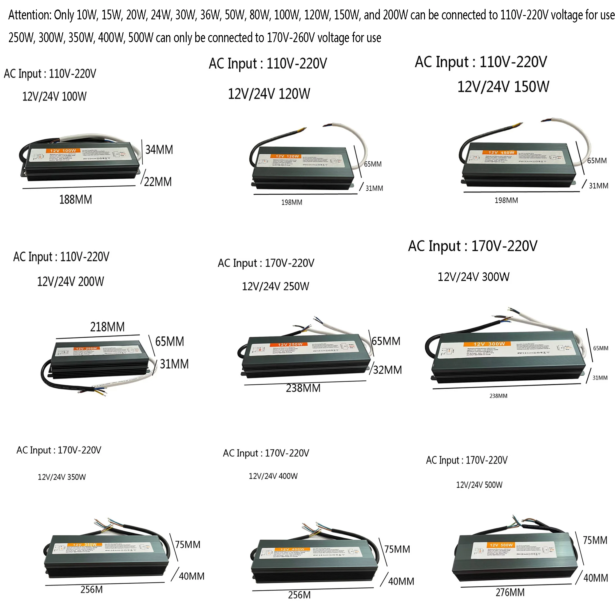 Trasformatori di illuminazione impermeabili AC 110V-220V a DC 12V 24V LED Driver adattatore di alimentazione 36W 150W 200W 500W IP67 alimentatore