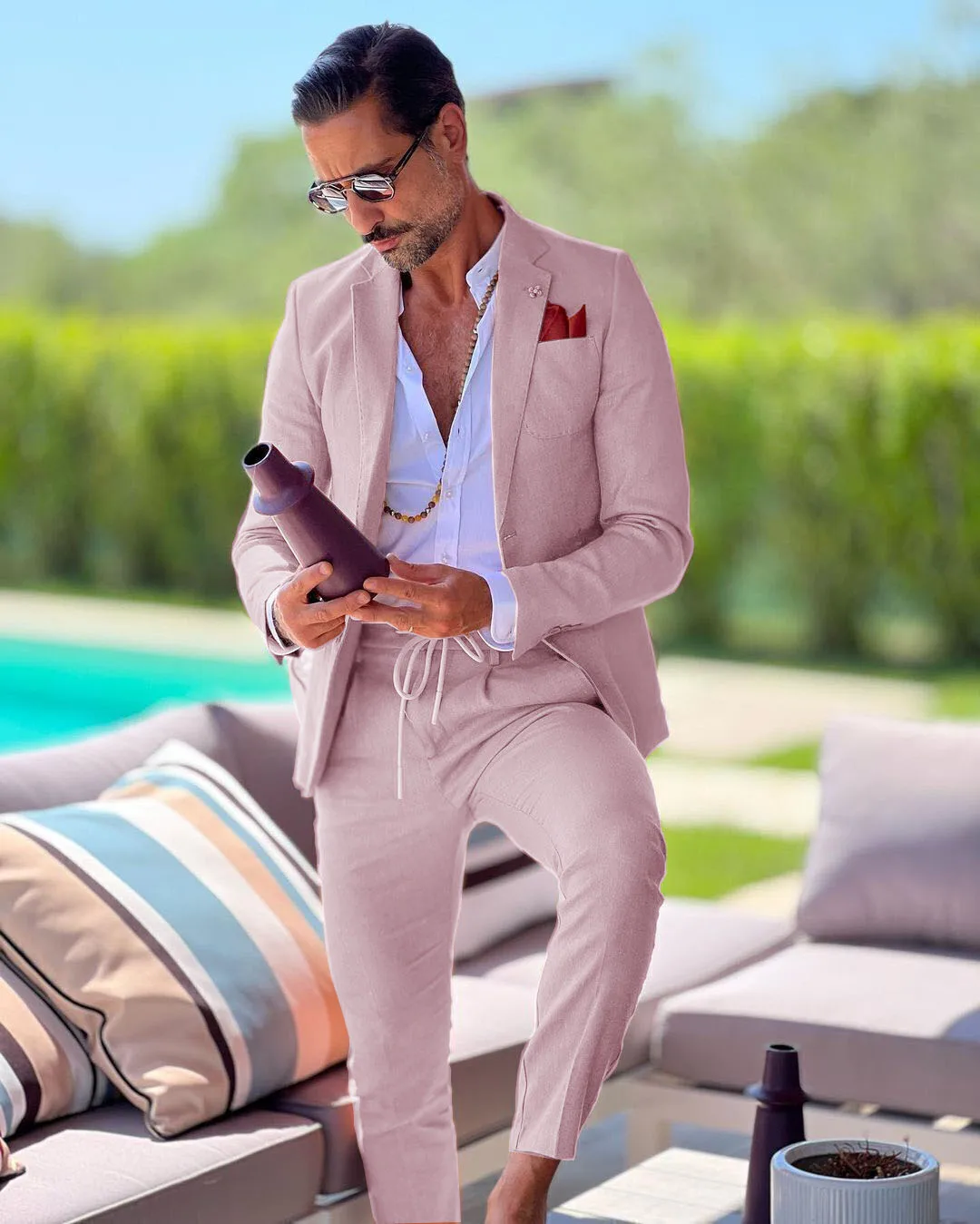 

Linen single breasted men's suit two-piece summer jacket pants slim fit casual business wedding groom tailcoat formal work wear