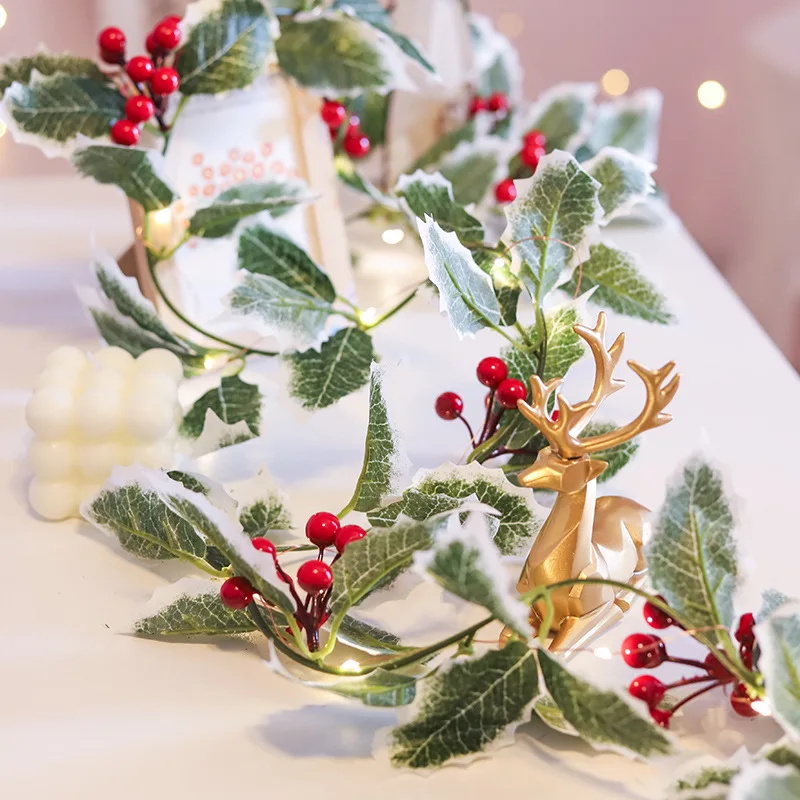 LED Christmas Flowers Wreath String Lights Artificial Fake Leaves Red Berry Garland Rattan Lighting Strings For Home Party Decor