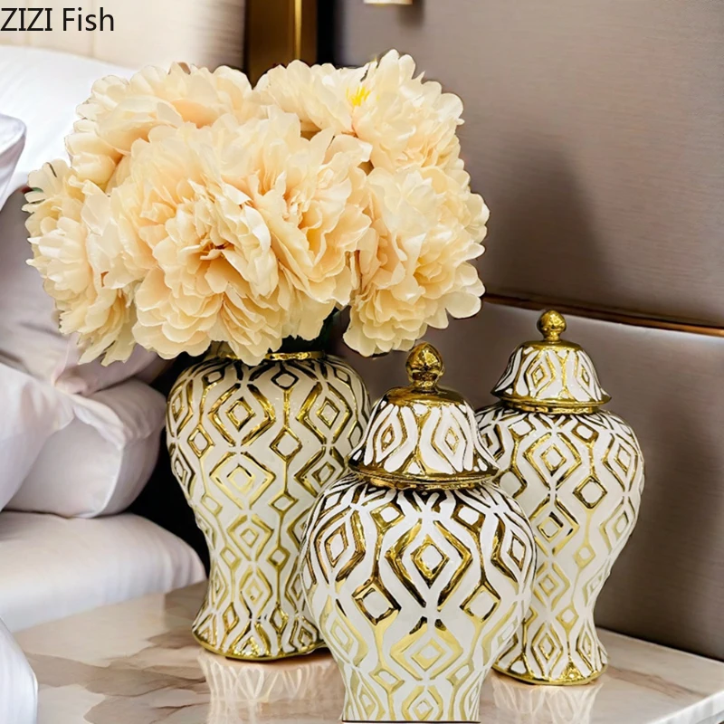 Golden Geometric Stripes General Tank Porcelain Ginger Jar Gold-plated Flowers Vase Dresser Table Jewelry Cosmetic Container 3