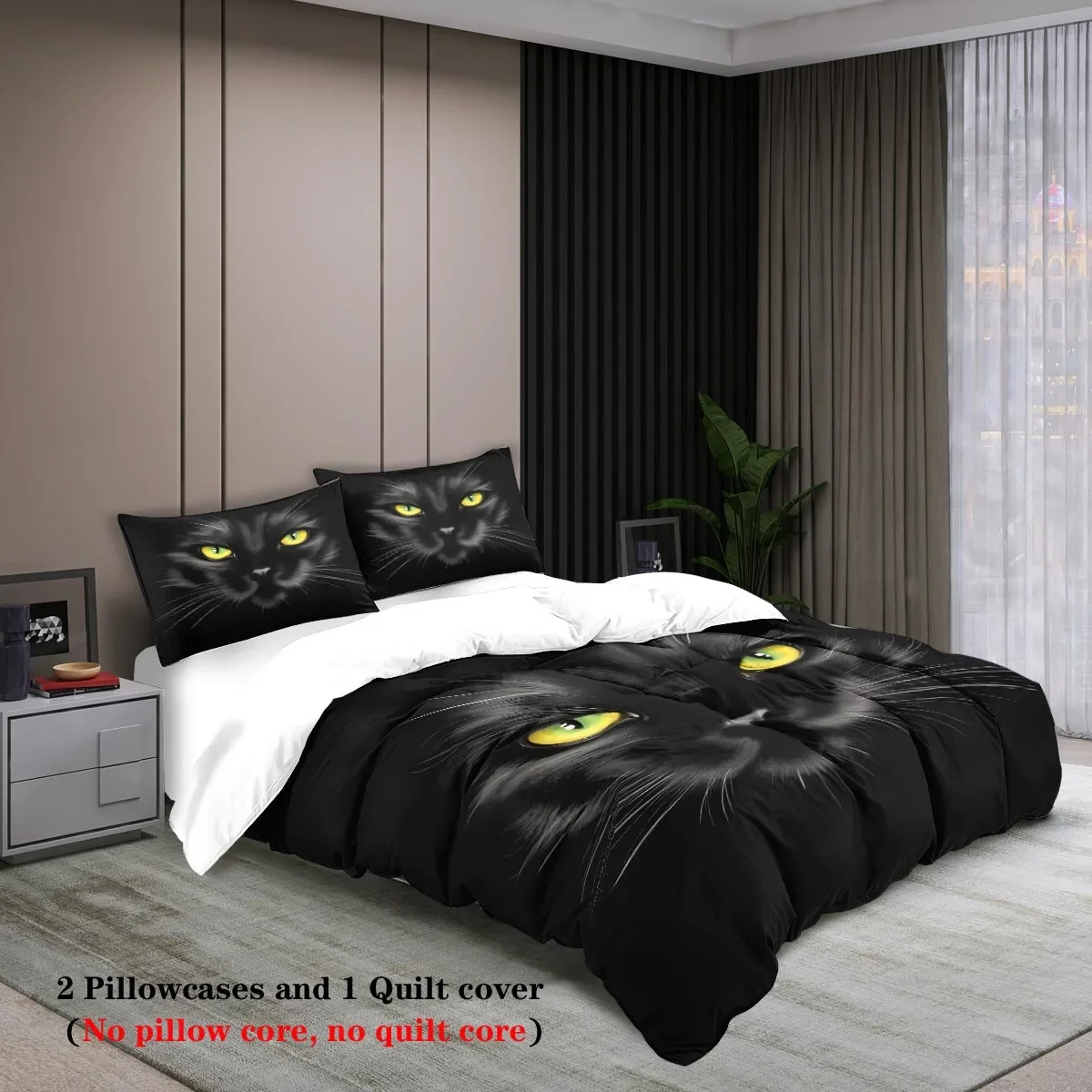 3pc Black Cat Printed Chipless Product Set for Bedrooms, Dormitories, Multiple Sizes, Soft and Comfortable, Machine Washable