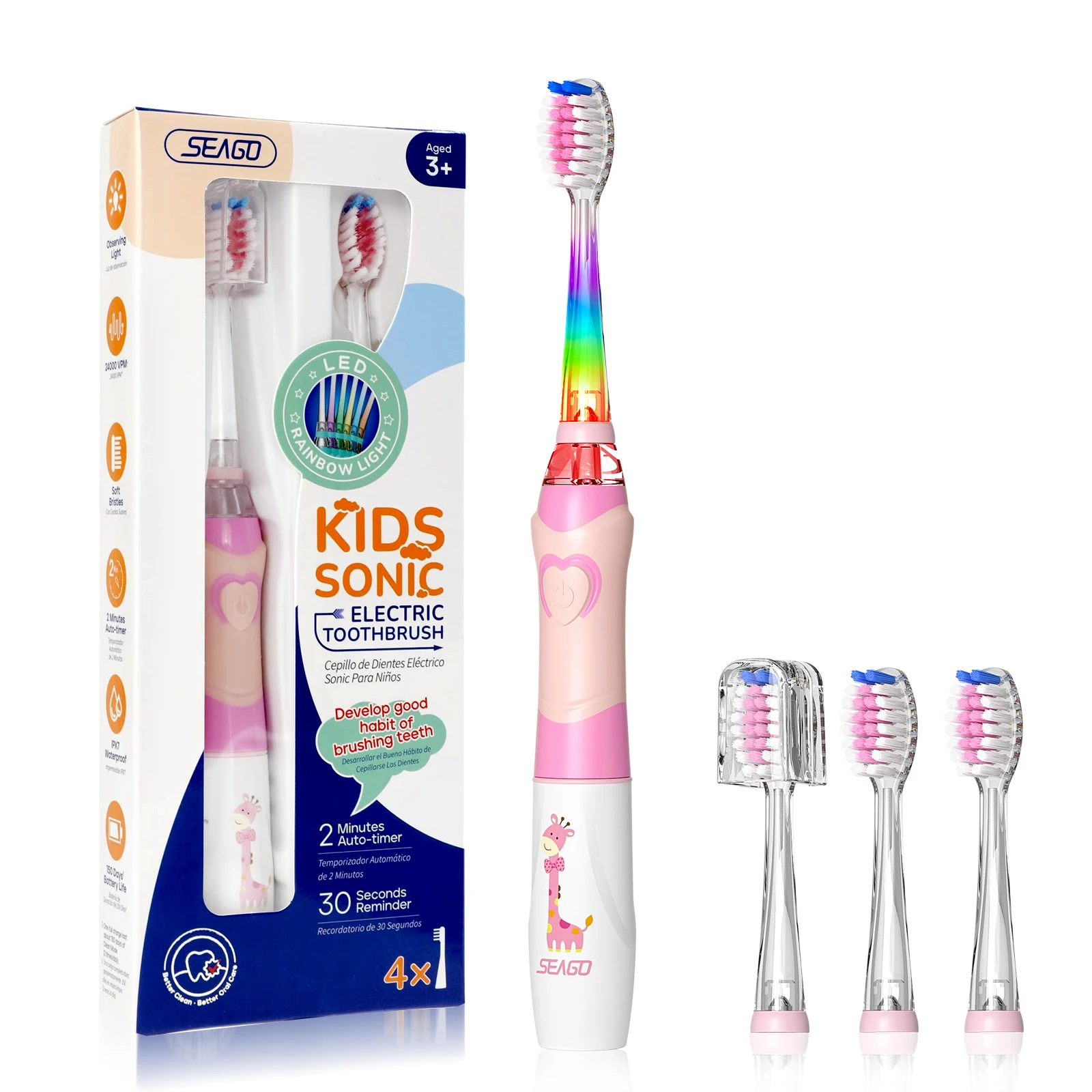 SEAGO Kids Electric Toothbrush Battery with Colorful LED Waterproof Sonic Brush Soft Bristles Teeth Cleaning Oral Care