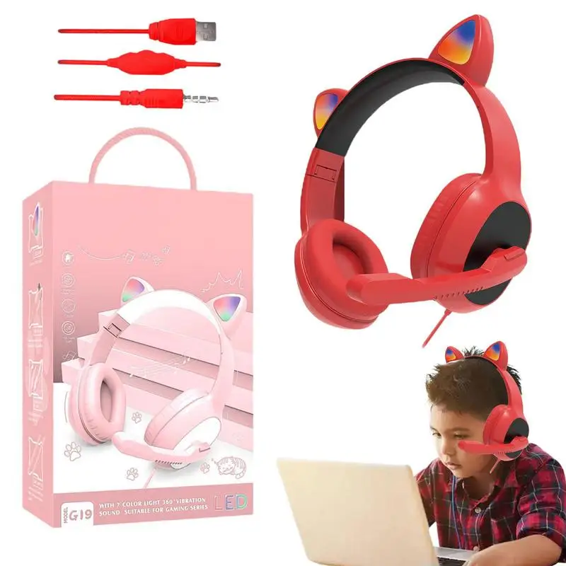 

Flash Light Cute Cat Ear Headphones Wire With Mic Can Close LED Kids Girls Stereo Phone Music Headset Gamer Gift