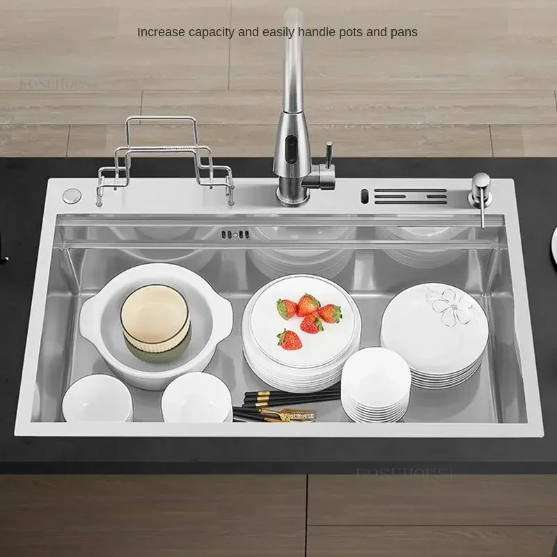 Stainless Steel Kitchen Sink Bar Single Basin Multi-function Kitchen Dish Sink with Knife Holder Home Nano Large Single-slot ZZ