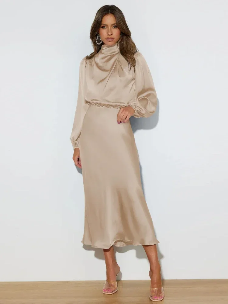 

Elegant Satin Maxi Women Autumn And Winter Solid Color Fashion Long Sleeve Sweet Korean Style Midi Dress 2023