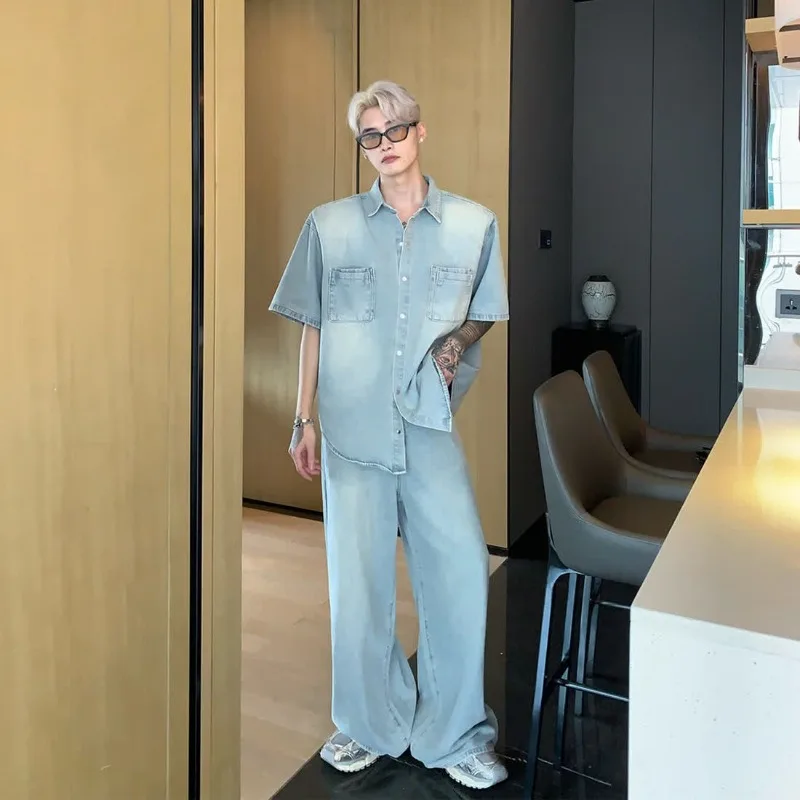 남성용 아메리칸 니치 올드 워싱 숄더 패드 셔츠, 한국 스타일 라펠 반팔 데님 세트 스트레이트 팬츠, 싱글 피스 세트