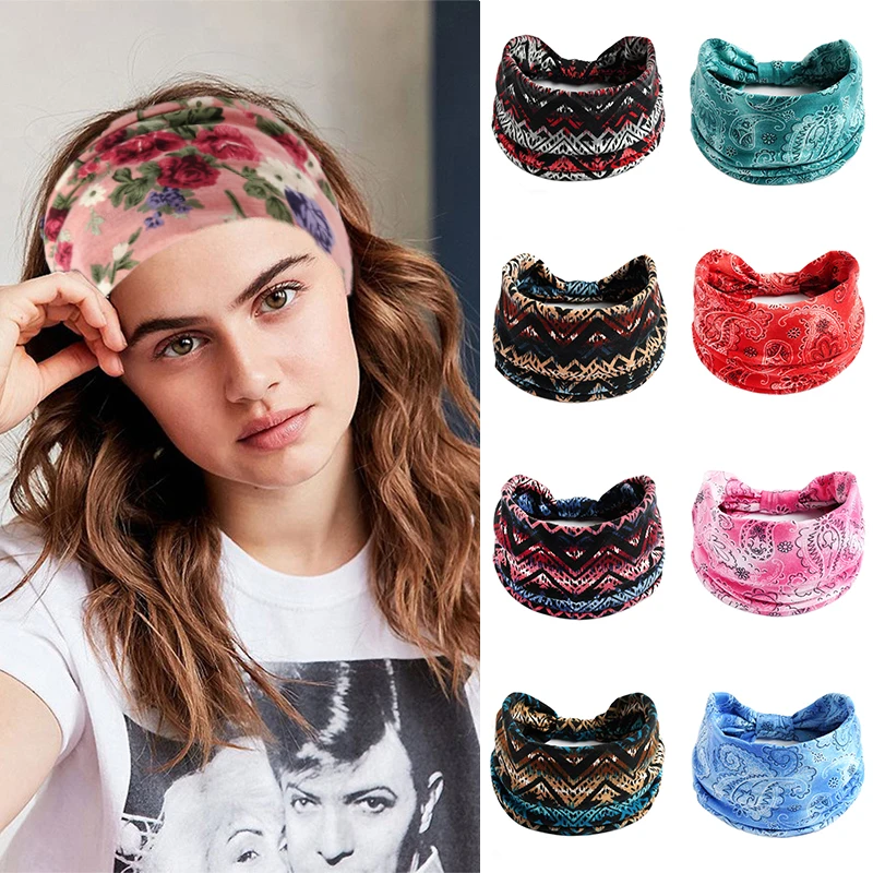 2022 New Bohemian Flower Print Wide Headband retro Knot Elastic Headwrap Turban For Women Girls soft Bandanas Hair Accessories