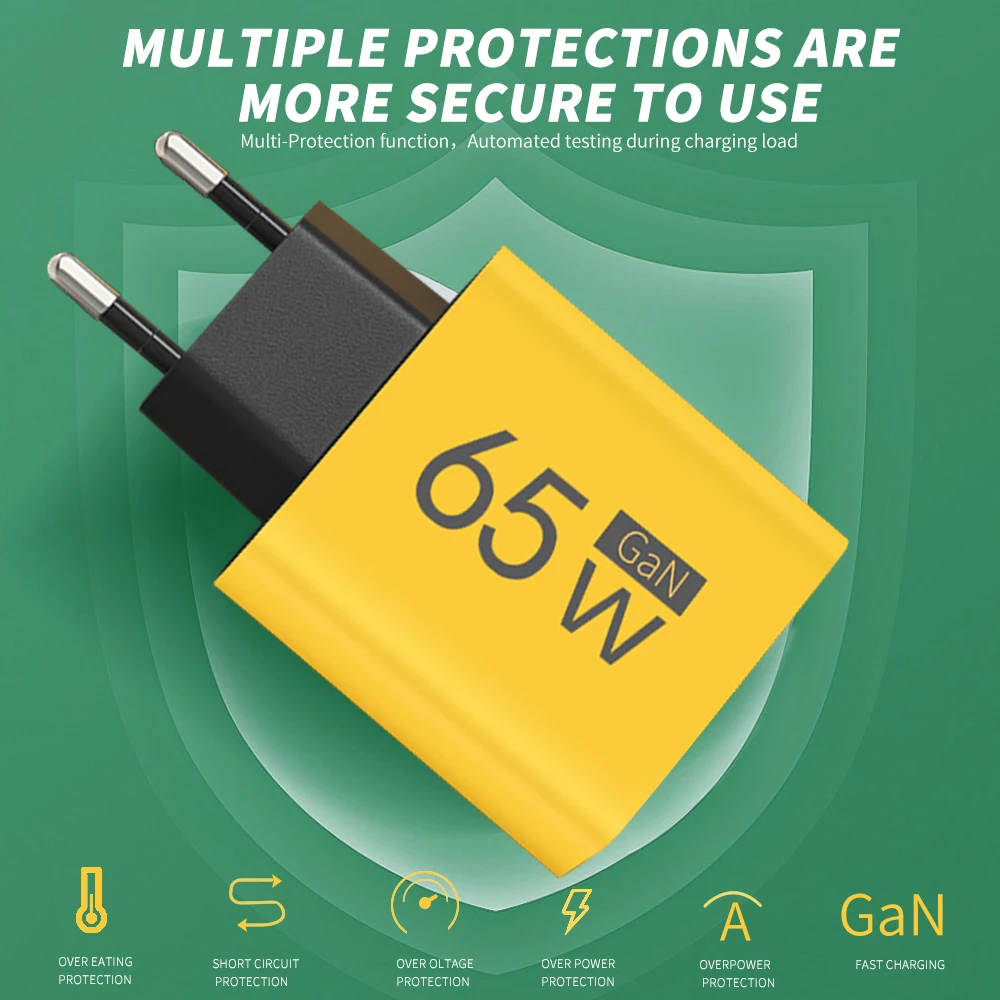 GaN PD USB Fast Charging 65W QC 3.0 3 Ports Type C EU/US Plug for iPhone Xiaomi Samsung Huawei