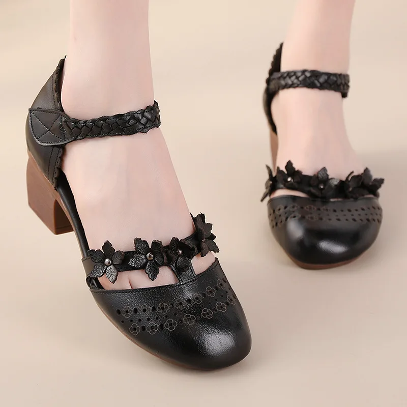 fashion summer sandals women genuine leather shoes sandals high heel summer beach hollow Flowers Female retro sandals women