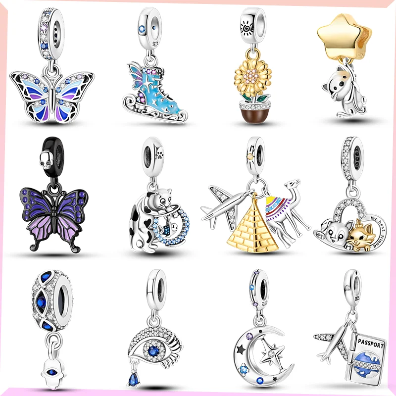 

925 Sterling Silver Star and Moon Pyramid Airplane Passport Travel Charm Beads Pendant for Original Pandora Bracelet DIY Gift
