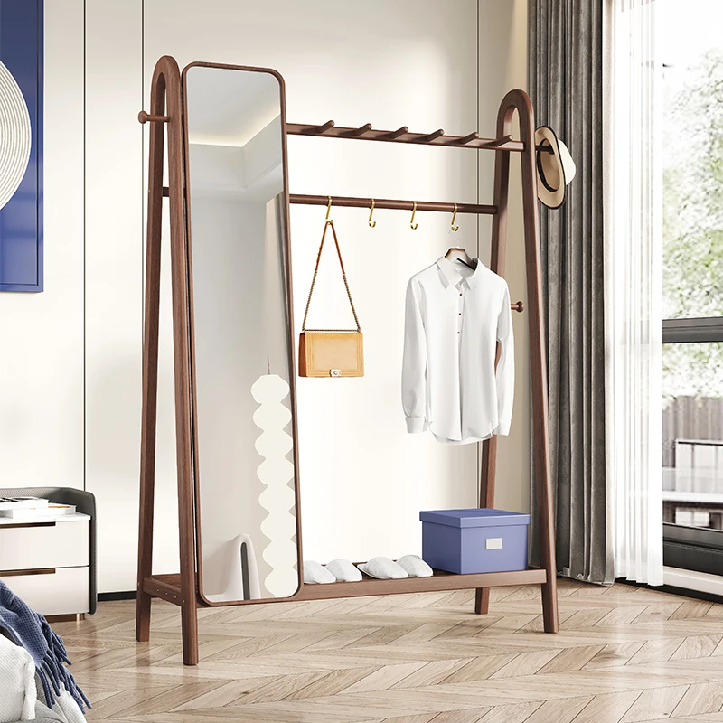 

Solid wood hanging clothes rack, floor to floor bedroom clothes rack with mirror, integrated clothes rack, fitting mirror,