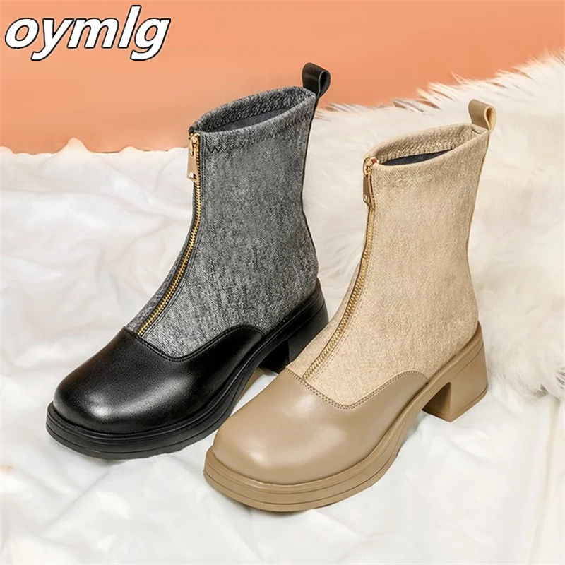 Front zippered mid length boots for women 2023 New Knight Fashion Boots Black Thick Bottom Cheshire Short Boots for women