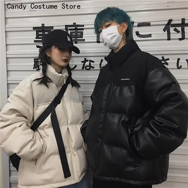 Streetwear Coat Warm Patchwork Parkas Men Winter Korean Style Retro All-Match Stand Collar Pu Leather Thick Couple Fashion