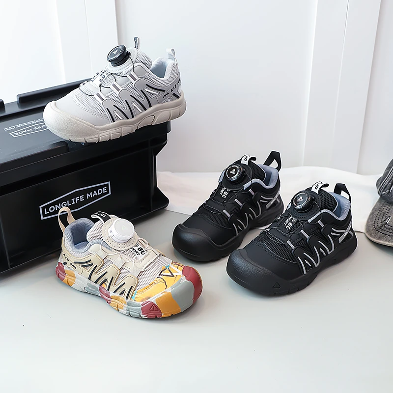 Boys Girls Tennis Shoes Toes Capped Breathable Kids Casual Shoes Rotating Button 2025 Autumn New Children Sports Shoes Soft Sole
