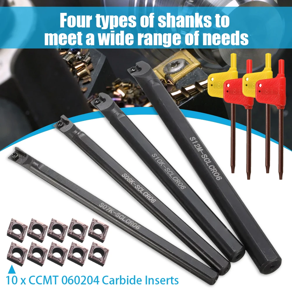 CNC Cutting Tool Holder 4 Set of 7/8/10/12mm SCLCR Lathe Boring Bar Turning Tool Holder +10Pcs CCMT 0602 Inserts Blades
