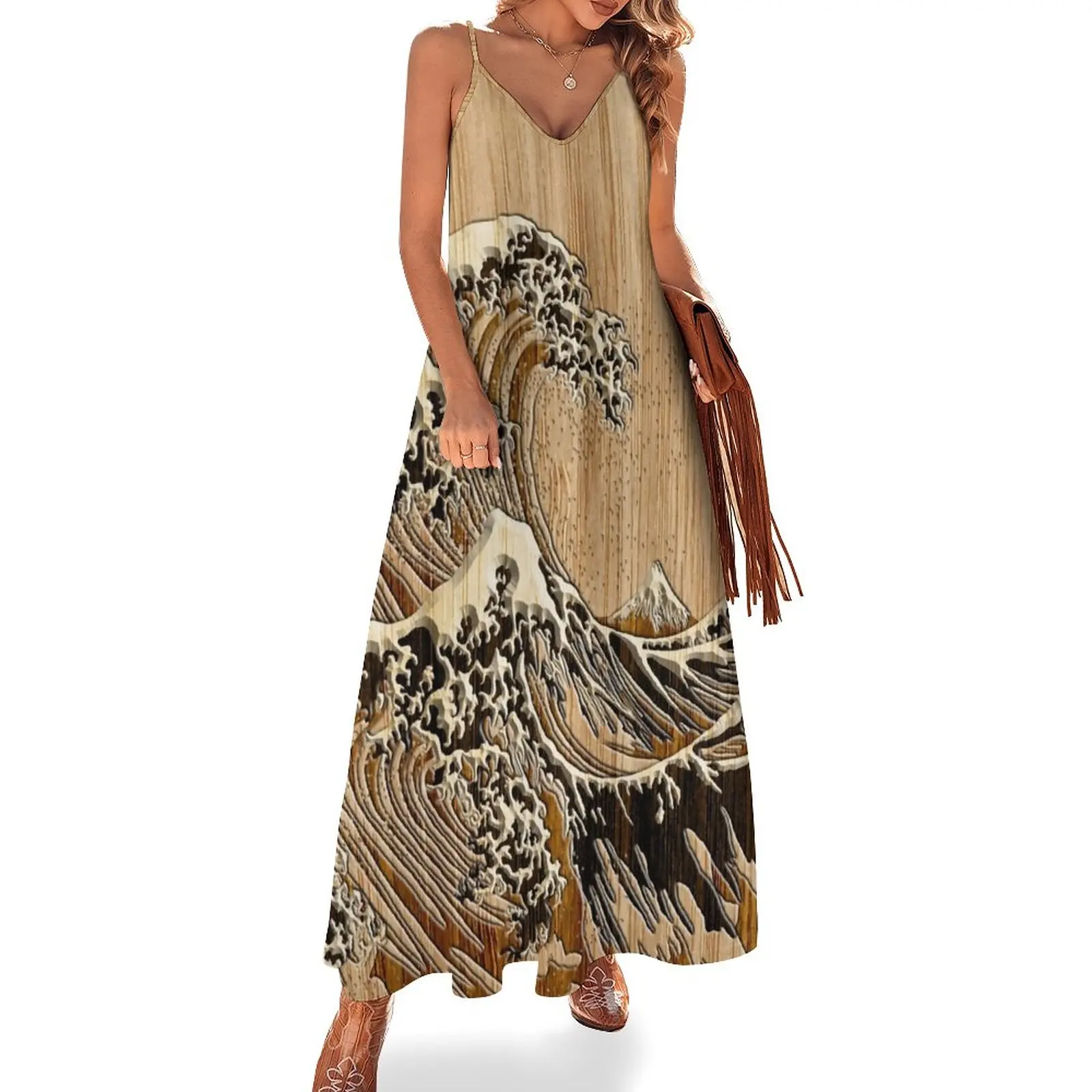 

The Great Hokusai Wave in Bamboo Inlay Style Sleeveless Dress Women long dress