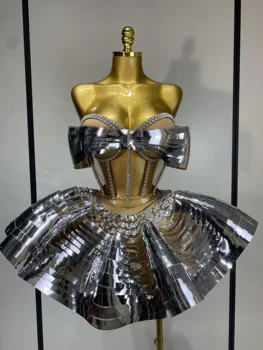 Women Stage Performance Costume Two Piece Set Silver Sequins Rhinestone Fancy Outfit Sexy Backless Shiny Birthday Party Dresses 1