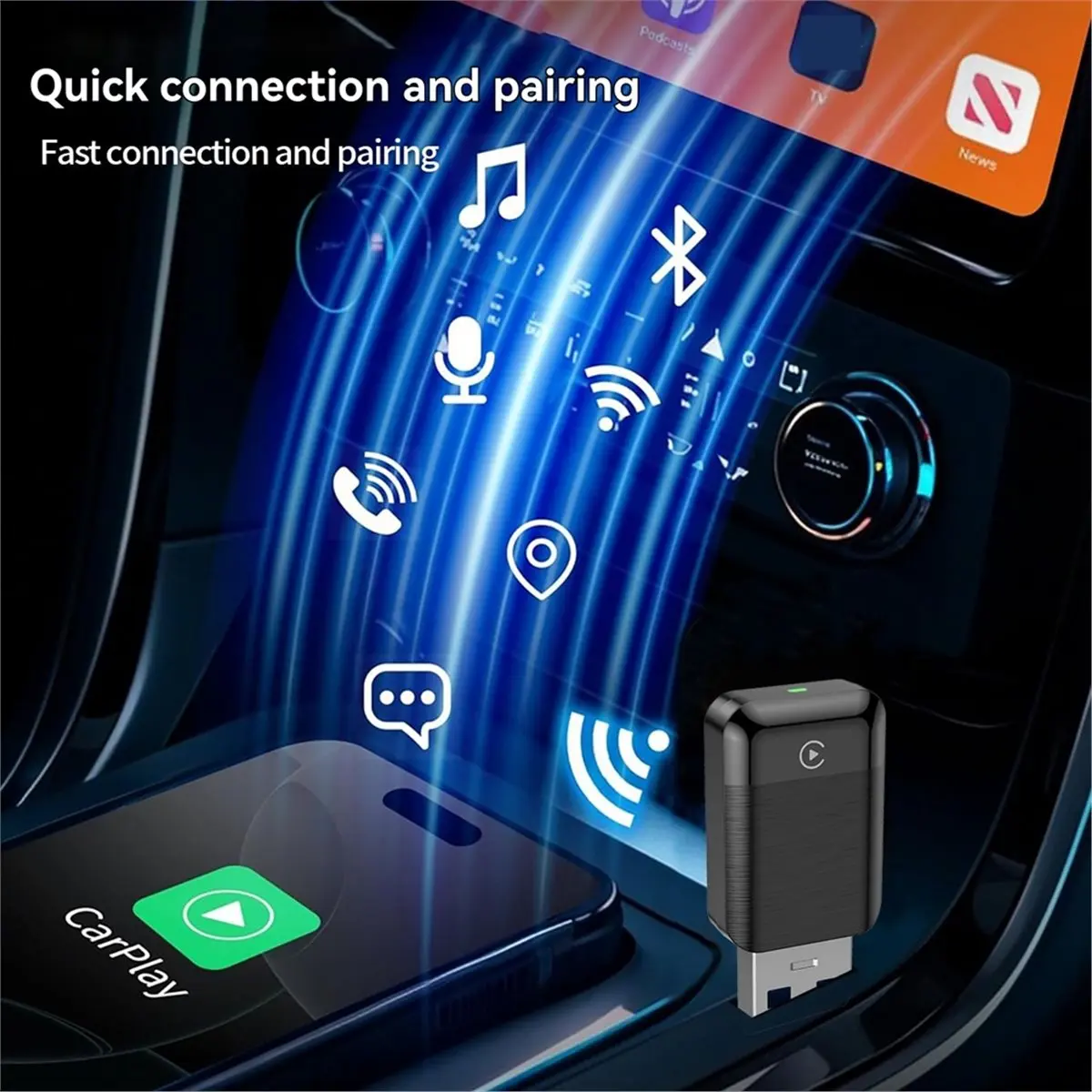 A10R 2 in 1 무선 카플레이 안드로이드 오토 어댑터 스마트 AI 박스 카플레이 WiFi & 블루투스 유선 카플레이를 무선 카플레이로 변환