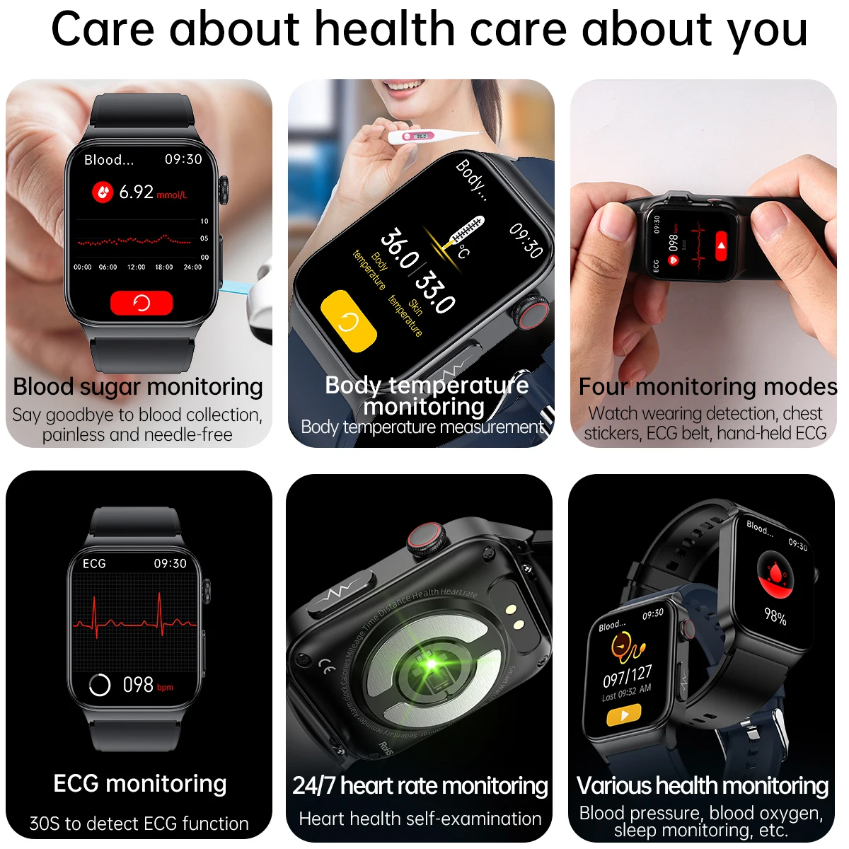 Smartwatch E500 con detección de glucosa en sangre, monitor de tensión y  O2. ECG con medición