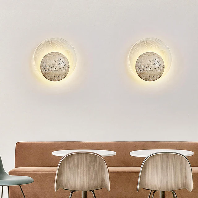Modern Cream Natural Stone Glass Circular Home Decoration Led Lamp Nordic Minimalist Wabi Sabi Restaurant Corridor Wall Light 2