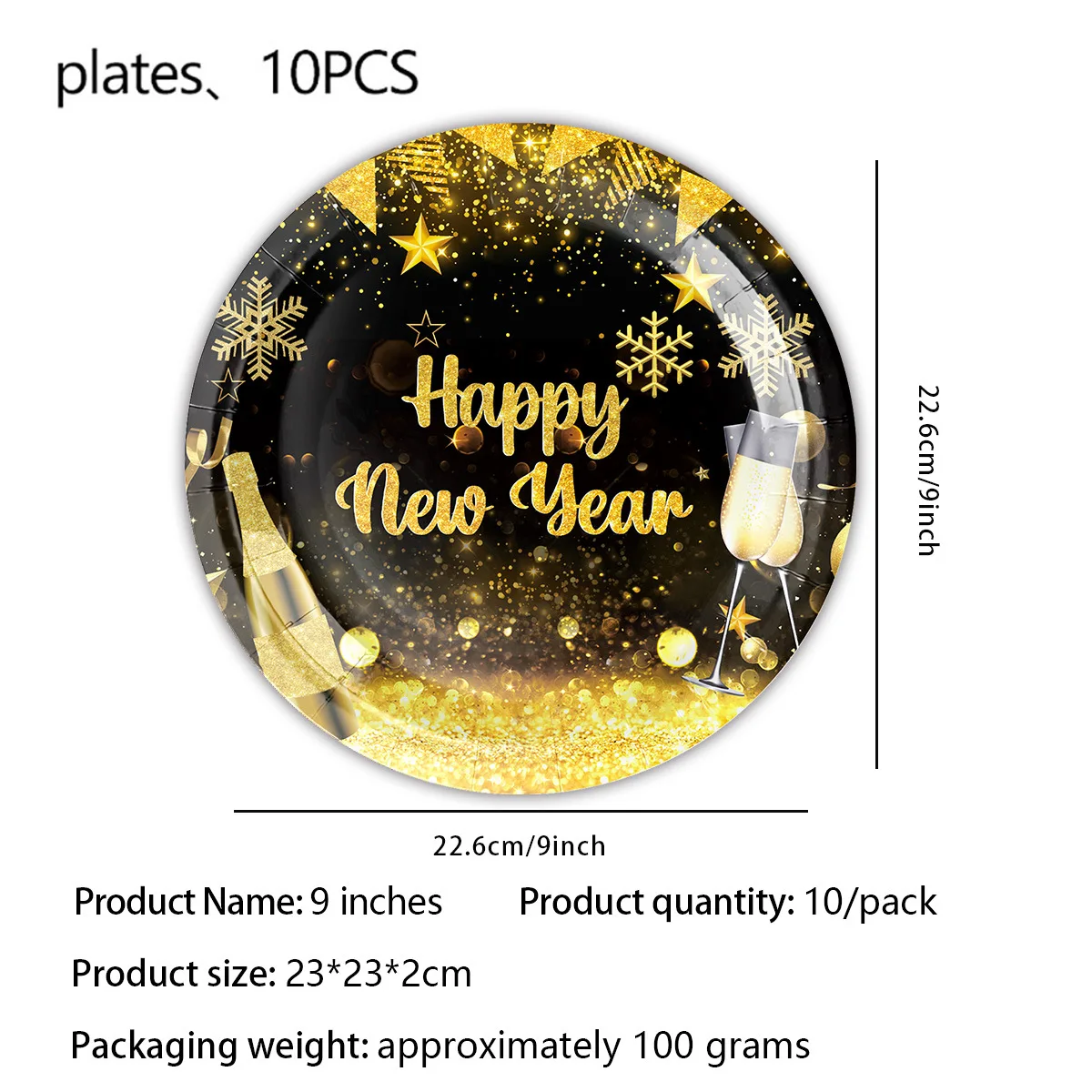 Description Picture 5 of itemHappy 2025New Year Party Decoration Disposable Tableware Black Gold Cup Plate Tablecloth Banner Napkin Dackdrop Cheer 2025 Party