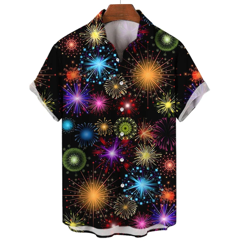 thumbnail image 1 of Camisa hawaiana con estampado 3D de fuegos artificiales de Feliz Año Nuevo para hombre, camisas de manga corta con solapa para vacaciones de verano, blusas casuales cómodas y elegantes, ropa, 1 of 5