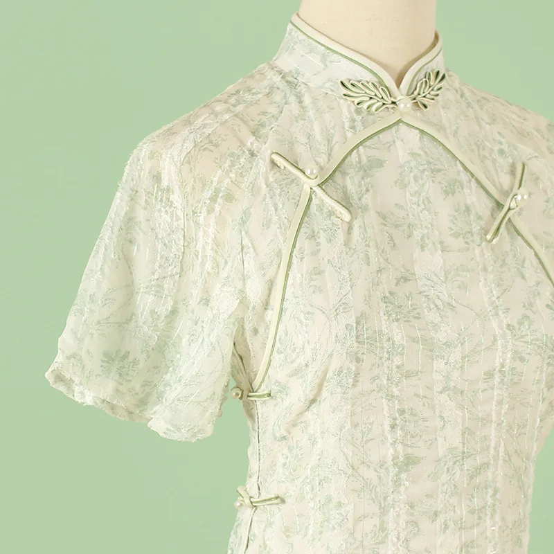

Женский костюм Qipao, зеленый шифоновый чонсам, со спущенными плечами, с коротким рукавом, винтажный