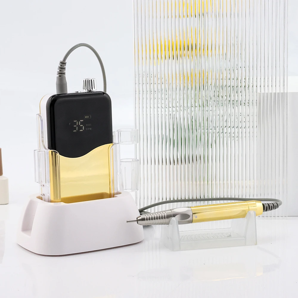 35000rpm 85W 브러시리스 모터 살롱 사용 전문 전기 매니큐어 기계 충전 베이스가 있는 골드 충전식 네일 드릴