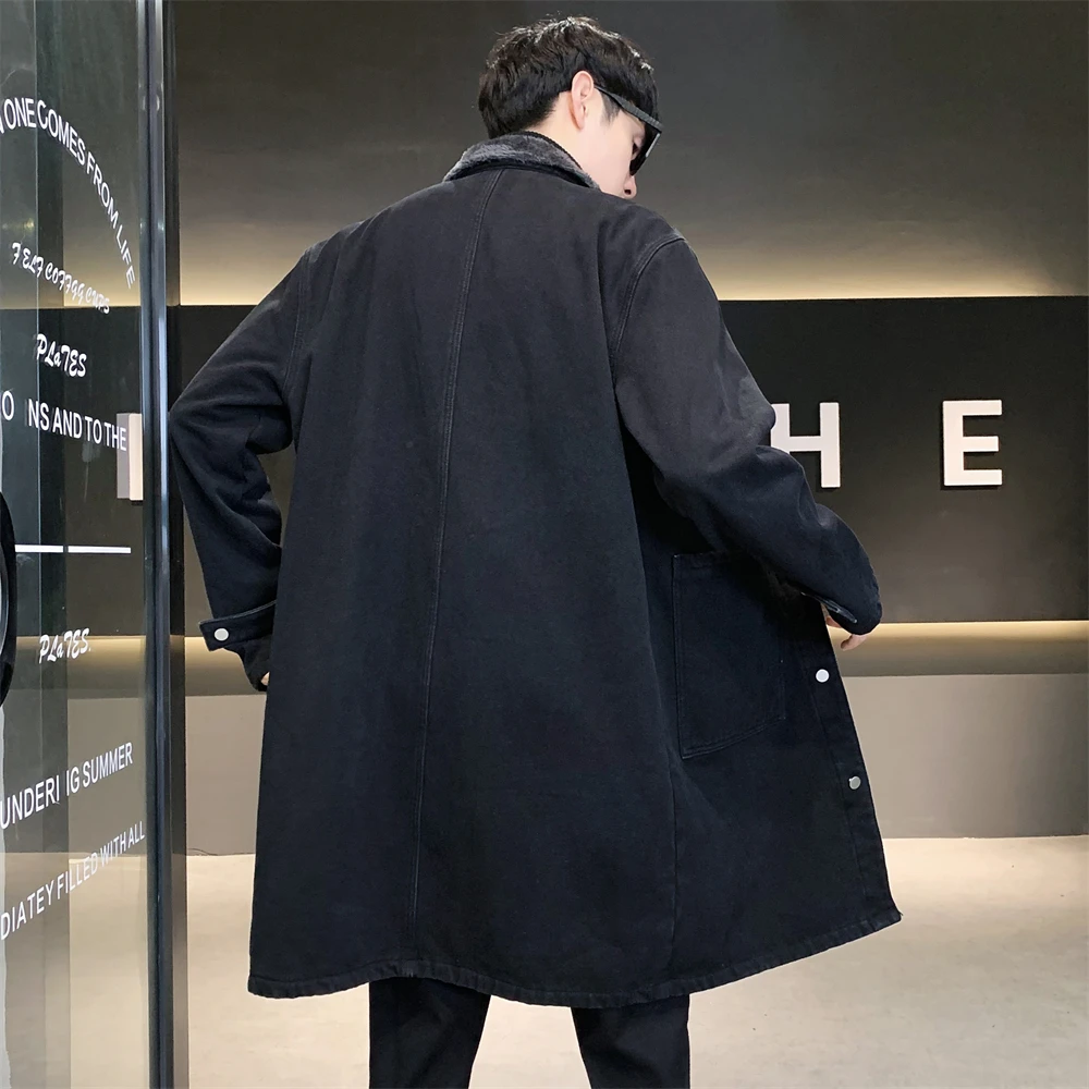 2023 Winter New Men's Velvet Thickened Lamb Fleece Long denim Windbreaker Loose Fashionable Solid Color Flip Collar Wash Coat