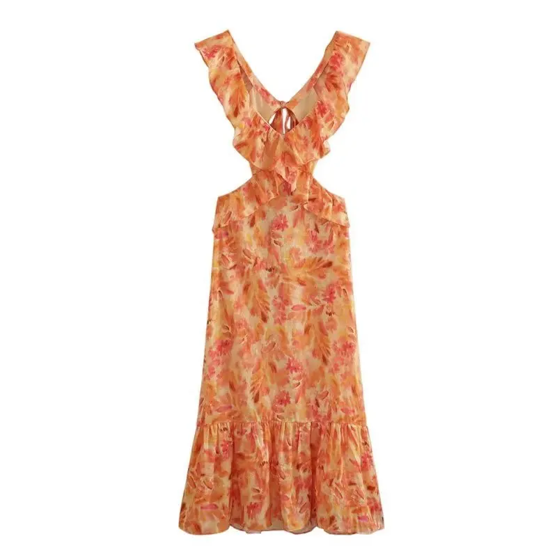 

TRAF Women Sexy Summer V Neck Cascading Ruffles Tie Dyed Print Midi Dress Female Chic Backless Lace Up Zipper Party Vestidos