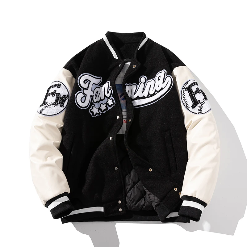 

Winter Letter Baseball Jacket Men Women American Varsity Jacket Thick Warm Patchwork Hip Hop Coat Button Leather Sleeve Flocking