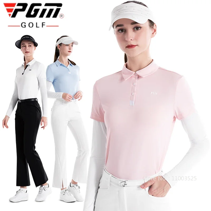 Pgm Golf Apparel Women Summer Ice Silk Cool Sunscreen Shirt Anti-UV Long Sleeved Golf Ball Top Lady Polo Neck Sportswear