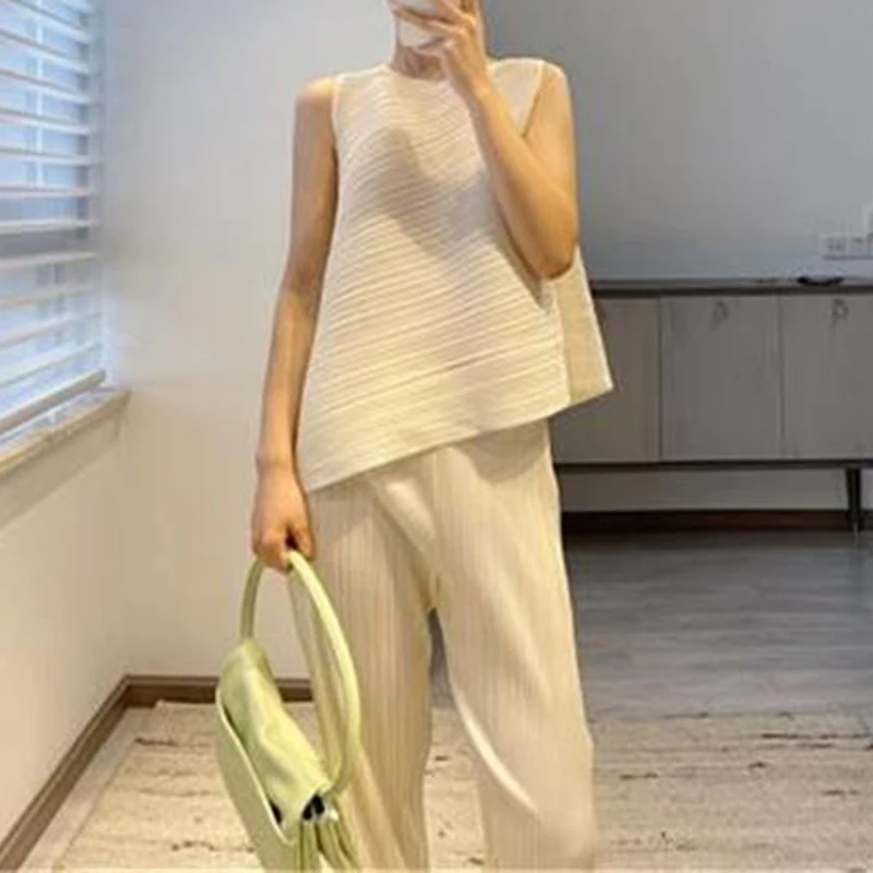 Irregular sleeveless summer style pleated round neck pleated T-shirt Women's Set 2 piece sets women outfit