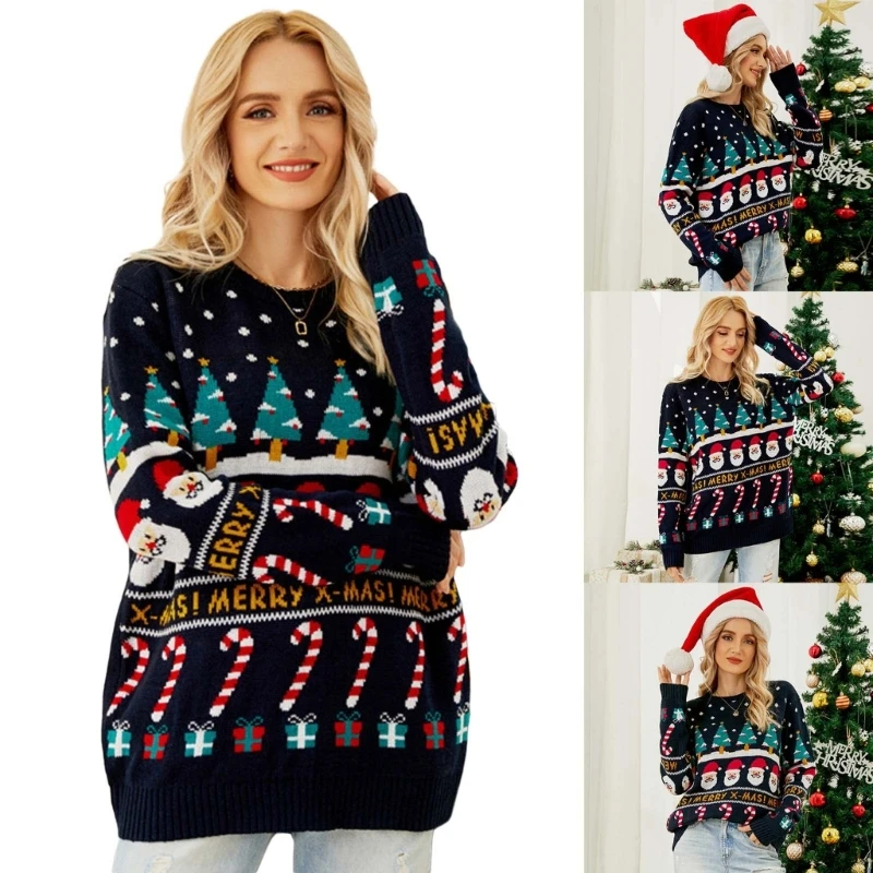 

Christmas Knit Sweater Coat Autumn Winter Ladies Wear for Women Fashionable Long Sleeve Round Neck Pullover Tops drop shipping
