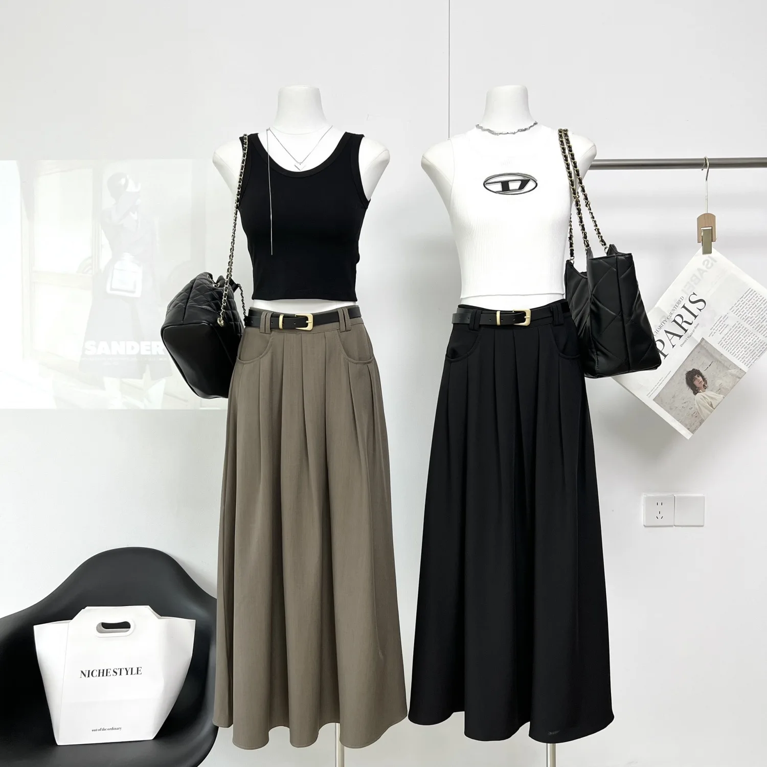 

Autumn Upscale Suit Halfskirt High Waist Pear Shape Halfskirt Long Drop Feeling Covering Pleated Dress Black Long Dress