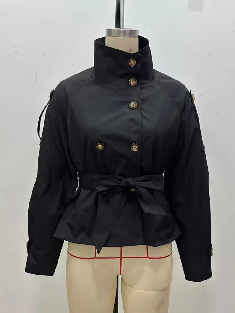 Women's Chic Stand Collar Belted Cropped Trench Coats Elegant Ladies Double-breasted 2025 Autumn New Casual Commuting Outerwear