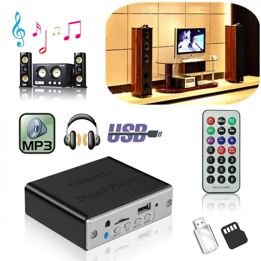 12V Mini Bluetooth Motorcycle Car Stereo Amplifier Amp LED USB SD Digital Player MP3 with Remote Controller LED Indicator Light
