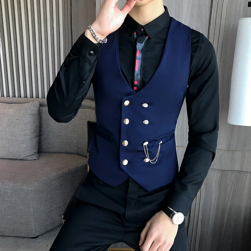 

2023 Men Double Breasted Vest Spring New Slim Fit Sleeveless Formal Suit Vest Gray Black Fashion Men's Business Casual Suit Vest