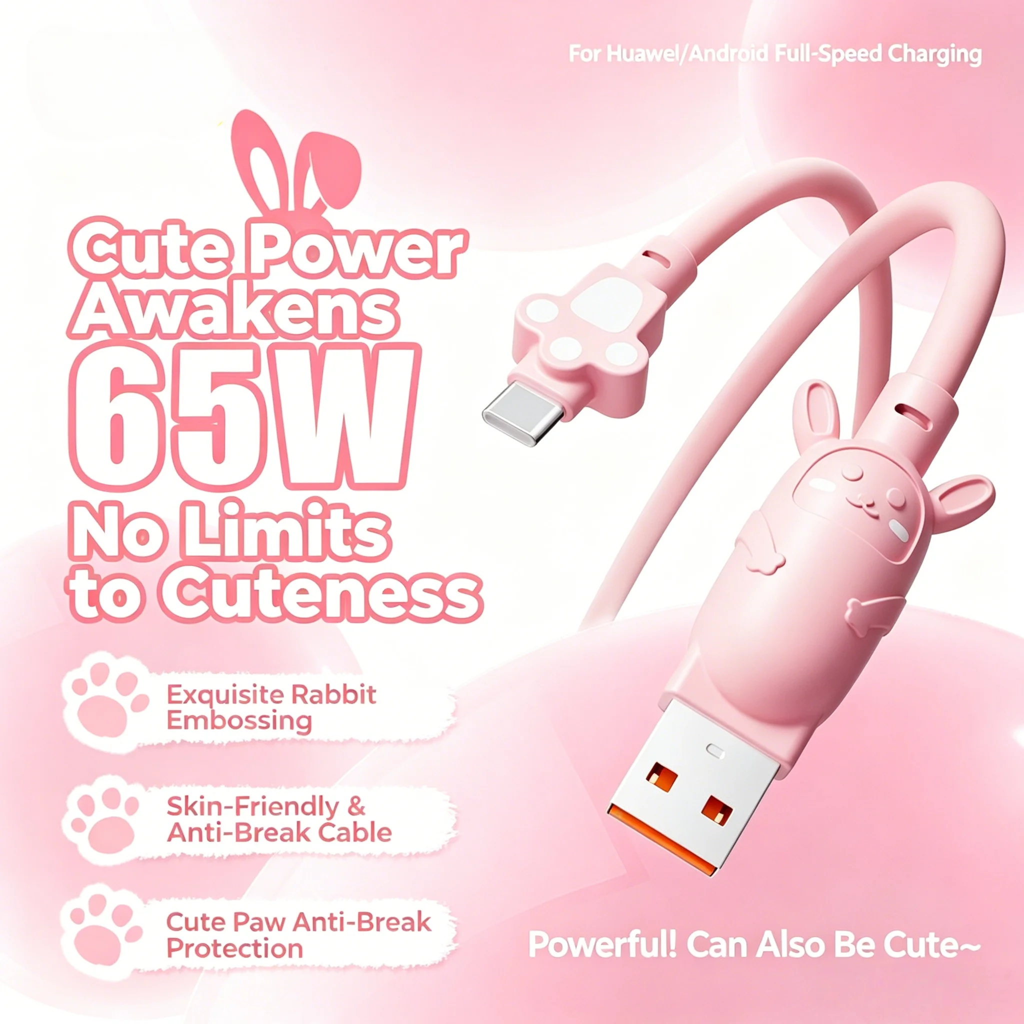 Cute Rabbit 65W Fast Charging USB-C Cable - Pink Skin-Friendly Design
