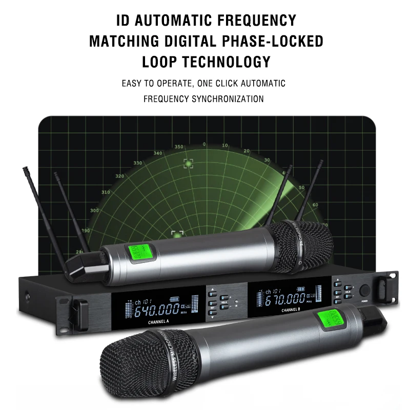 Microfono wireless professionale UHF Microfono per conferenze per spettacoli di nozze da palco per karaoke portatile in metallo a 2 canali - Image 2