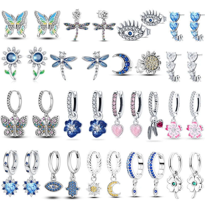 100% 925 Sterling Silver Sparkling Butterfly Flower Sun Moon Blue Orecchini Per Le Donne Fashion Boutique Jewelry Gift Girl Wedding