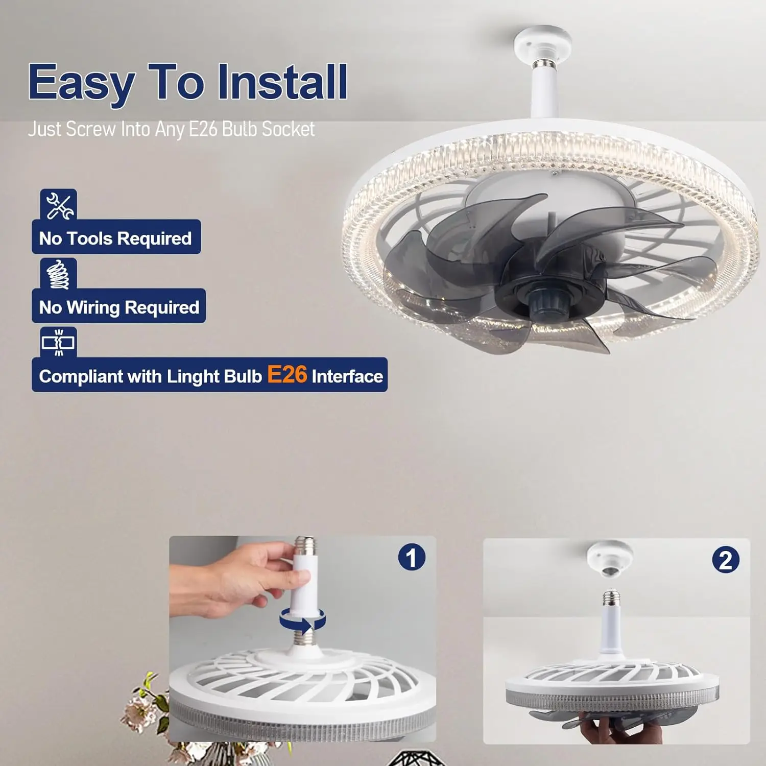 Socket Fan Light Socket Fan Ceiling Fan With Light Remote E27 Base 4 Speed Wind Adjustment Dimmable Light for Bedroom Kitchen 5