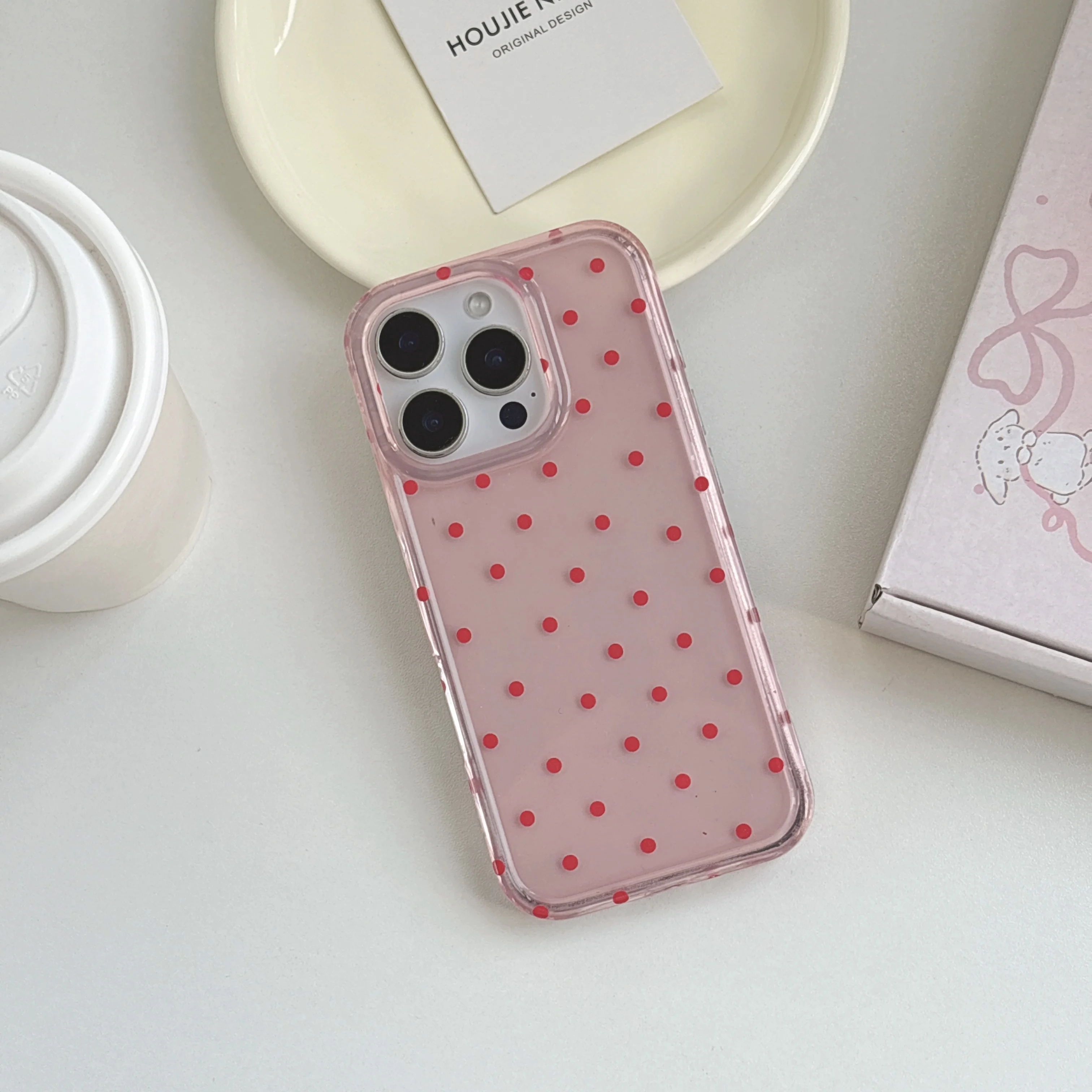 Glossy Red Polka Dot Transparent Pink Protective Phone Case
