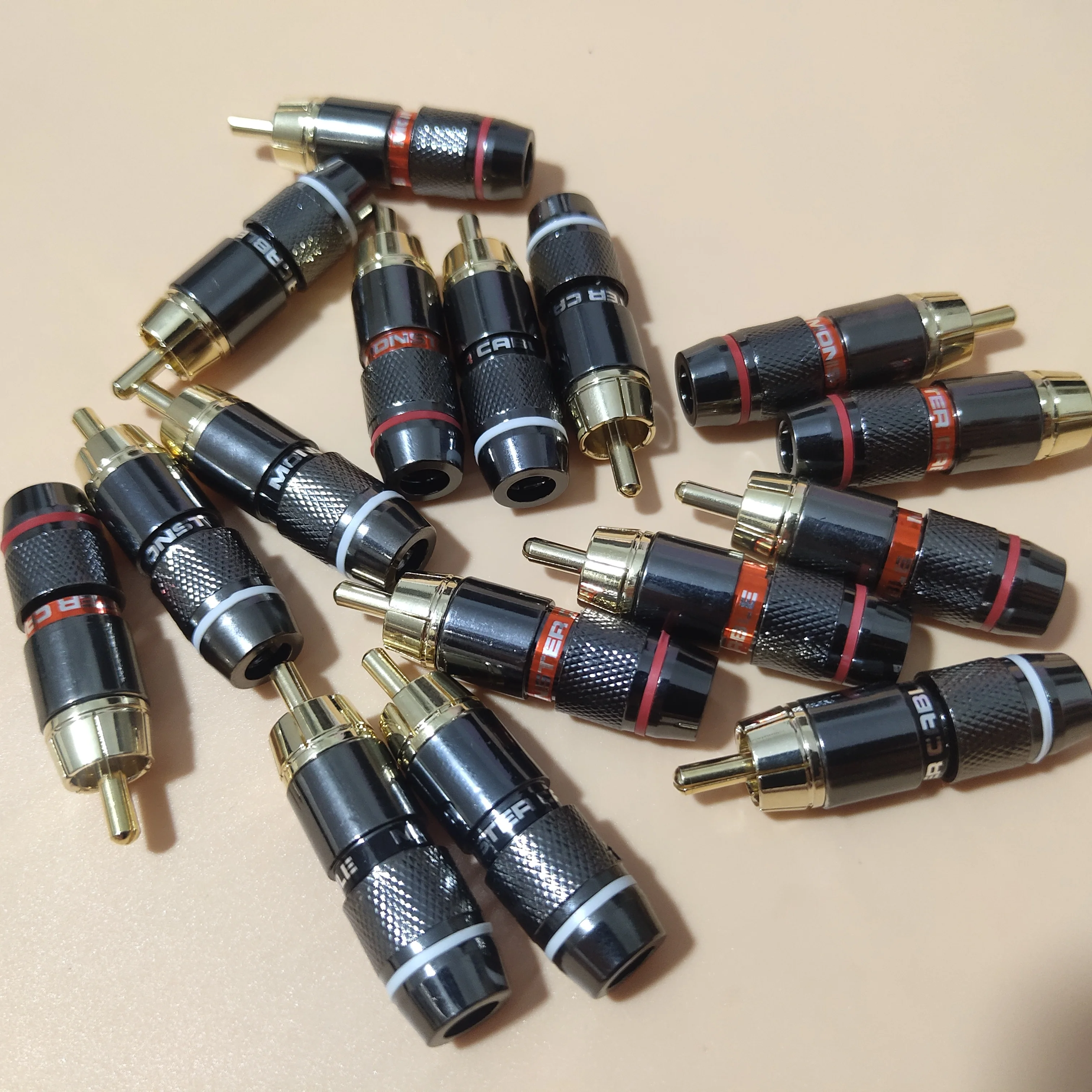 

New 50Pcs/lot Monster RCA Connector plug 6mm 24K Gold Plated Professional Speaker Audio Adapter Wire lotus Male Plug