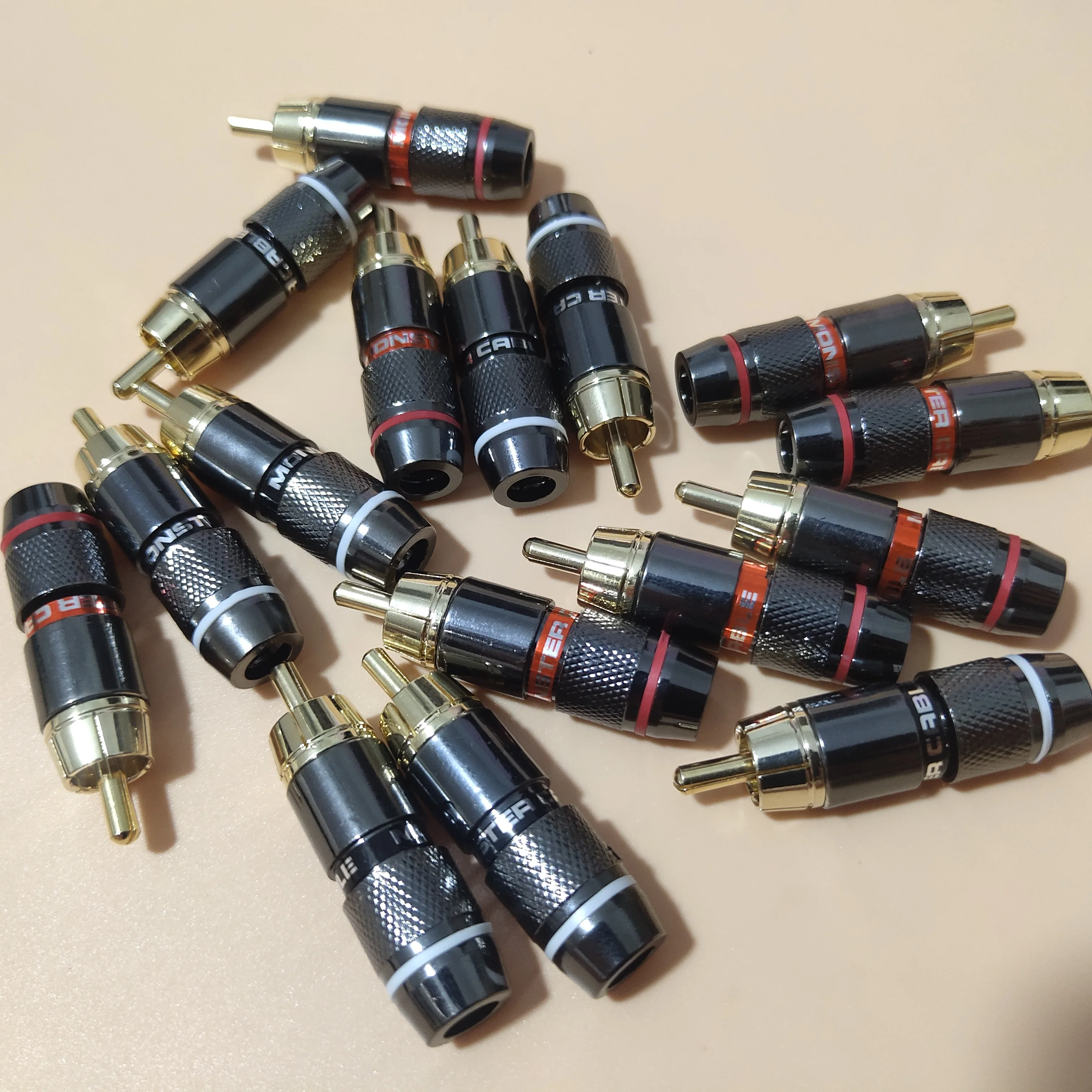 New 50Pcs/lot Monster RCA Connector plug 6mm 24K Gold Plated Professional Speaker Audio Adapter Wire lotus Male Plug