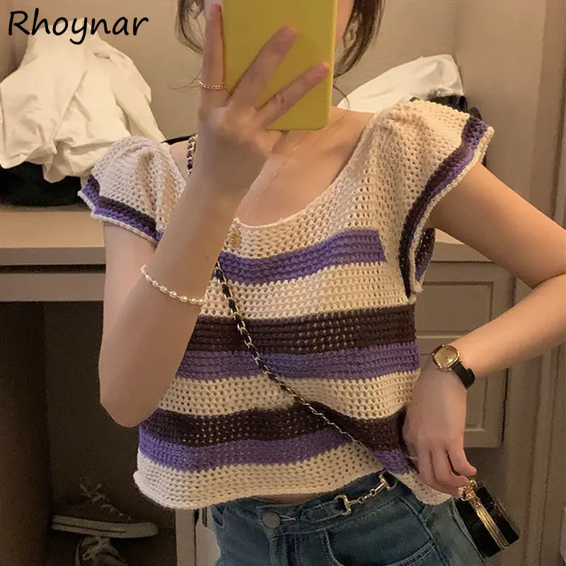 

Knitting T-shirts Women Short Sleeve Striped Hollow Out Crop Summer Holiday Retro Tender Sweet Harajuku College Casual Female BF