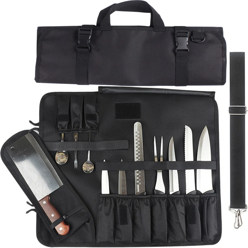 16 Slot Outdoor Picnic Chef Knife Bag Roll Bag Professional Foldable Carrying Case Cleaver Slicer Santoku Knife Storage Pockets 1