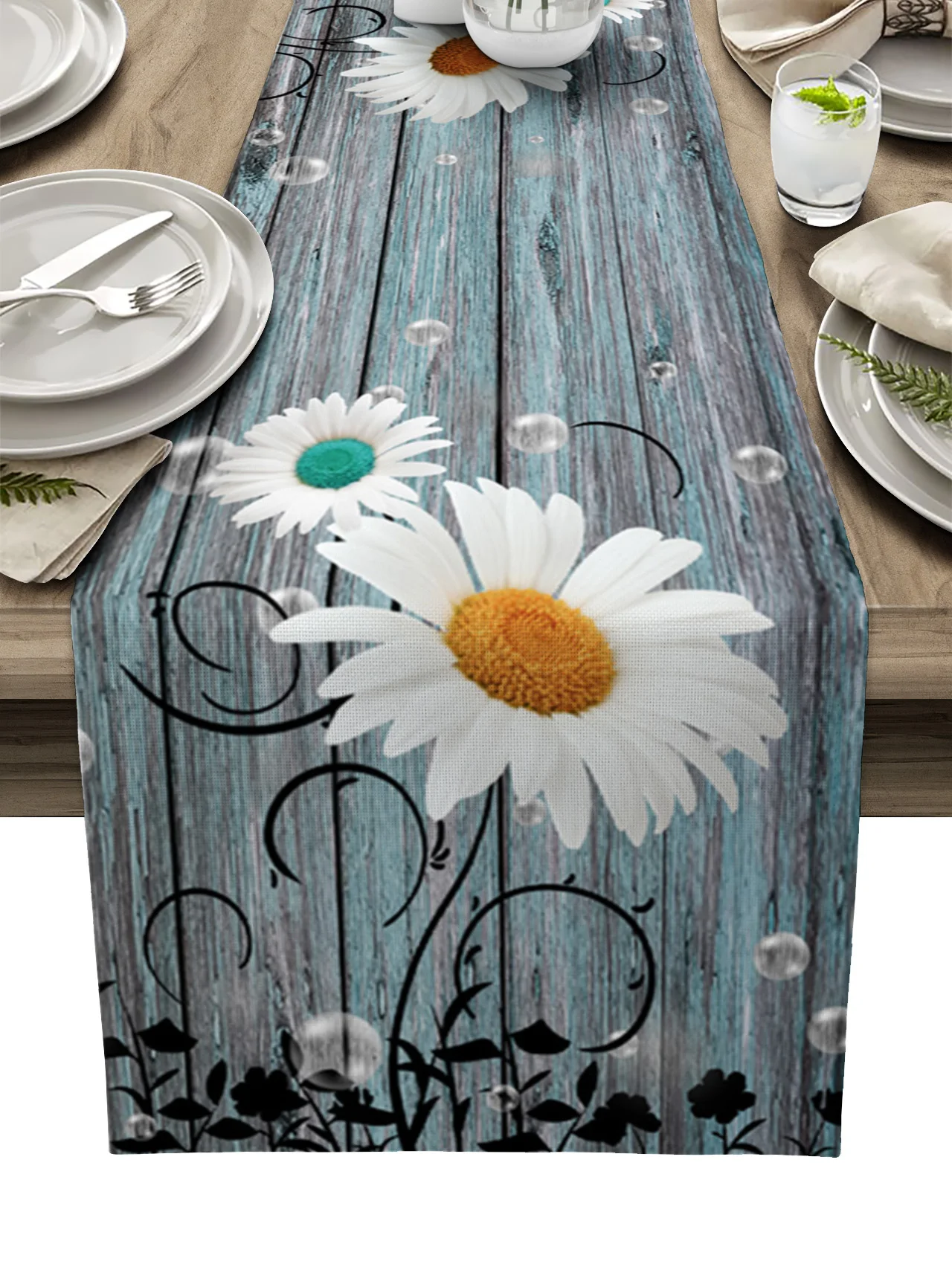 

Маргаритка, ретро, деревянная зернистая бабочка, льняная настольная дорожка, планшетофон для столового стола, декор для свадебной вечеринки