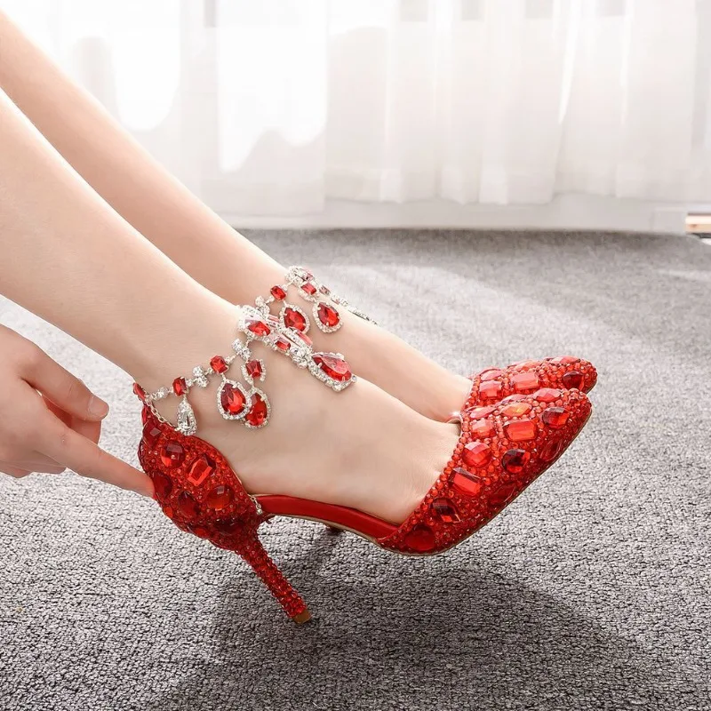 

Sandals Woman Summer 2023 Comfortable Pointed Toe Rhinestone Buckle Strap PU 9CM Thin Heels Novelty Lady Party Shoes For Women